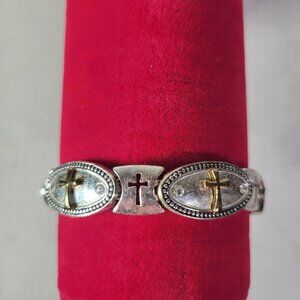 Silver & Gold-Tone Cross Bracelet With Oval Links & Toggle Clasp